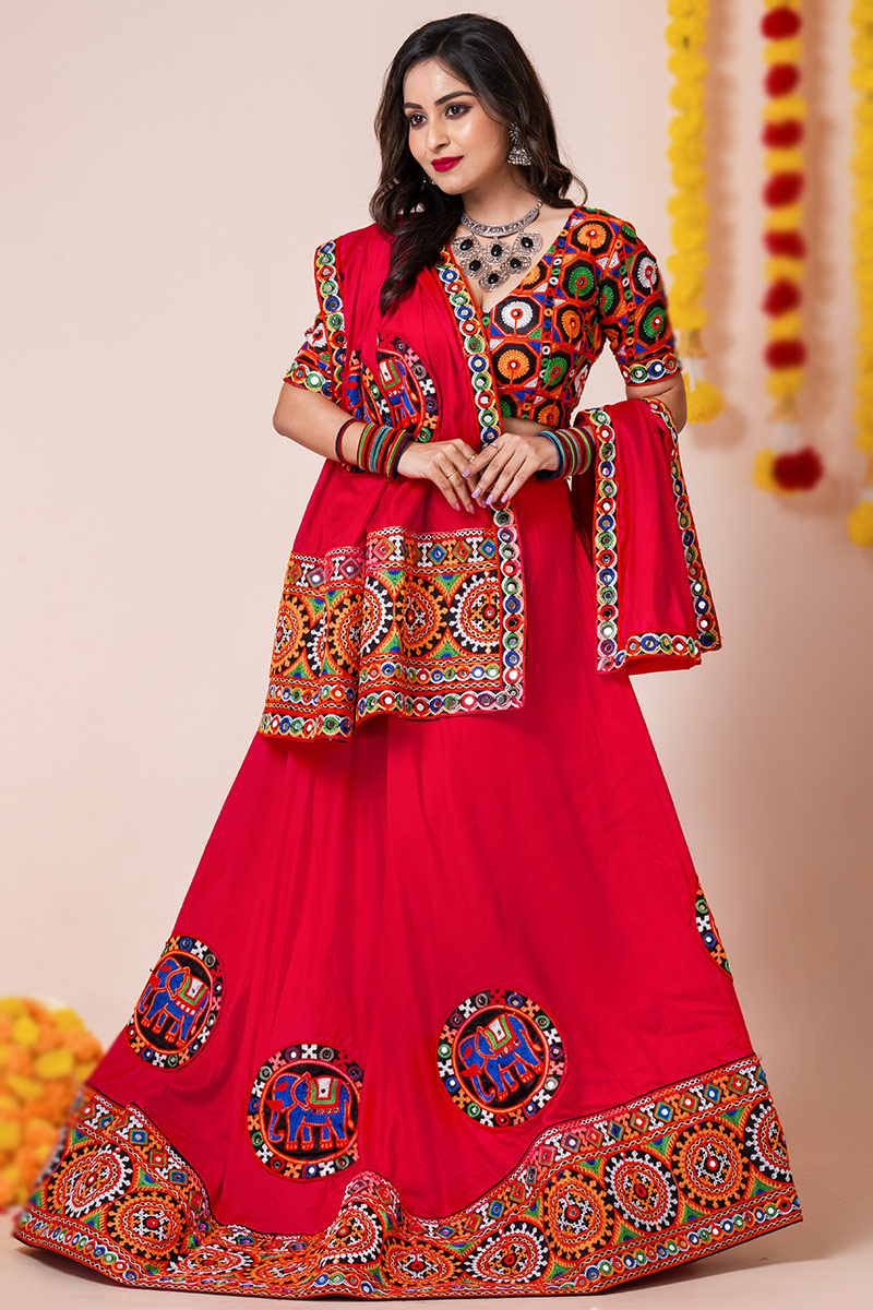 Rayon Cherry Red Patch Embroidered A-Line Style Lehenga