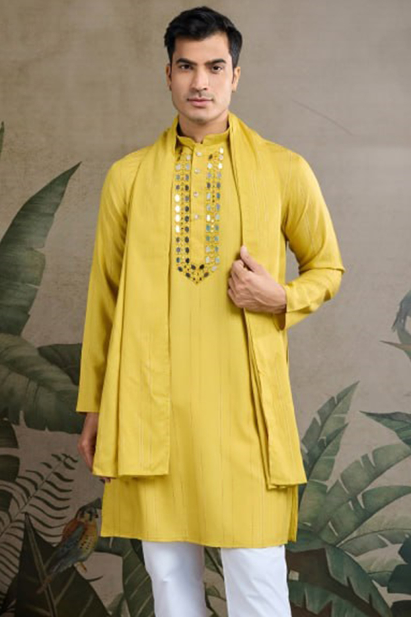 Rayon Pear Green Men's Kurta with Weaved Work for Diwali Festival