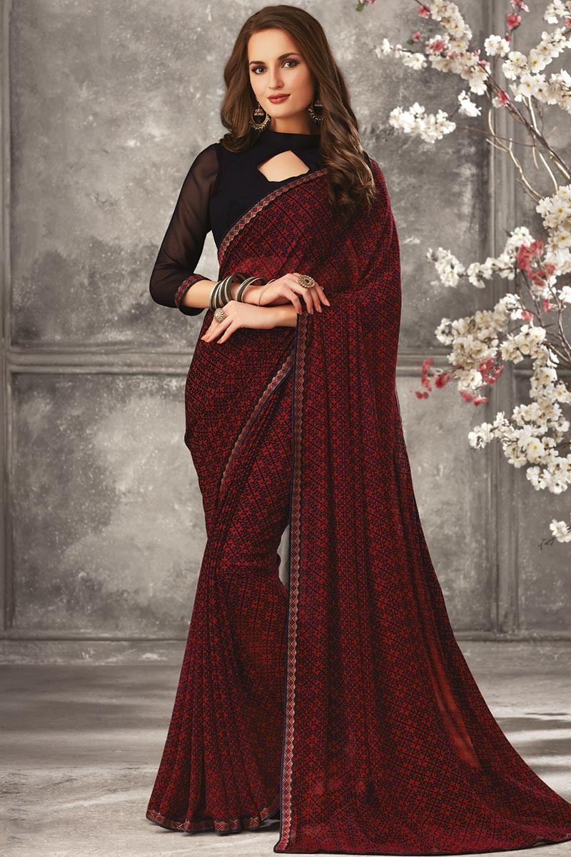 ROYAL COUTURE Women's Georgette Red Saree with Black Patti and Black Blouse  : Amazon.in: Fashion