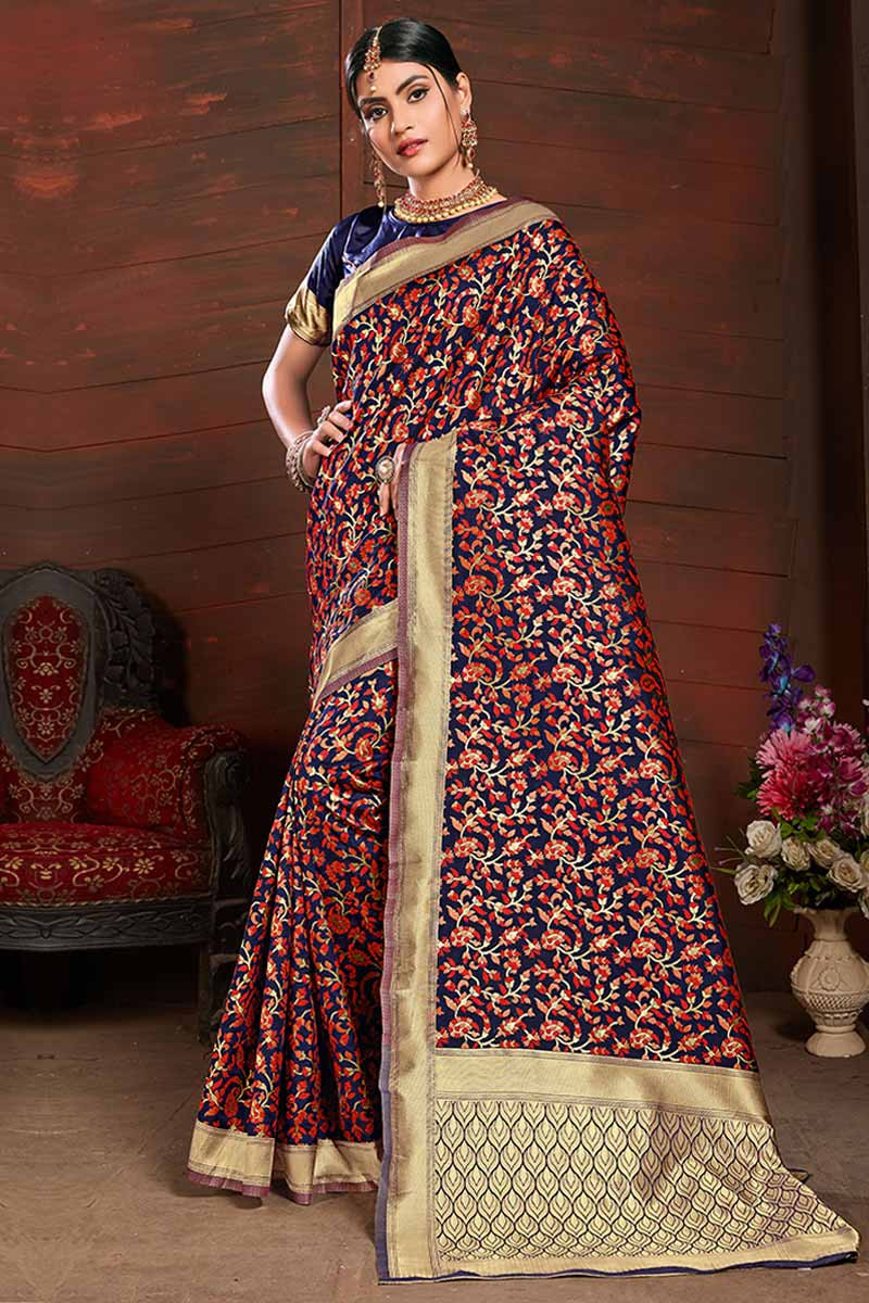 Buy Blue And Red Silk Saree In USA, UK, Canada, Australia, Newzeland online