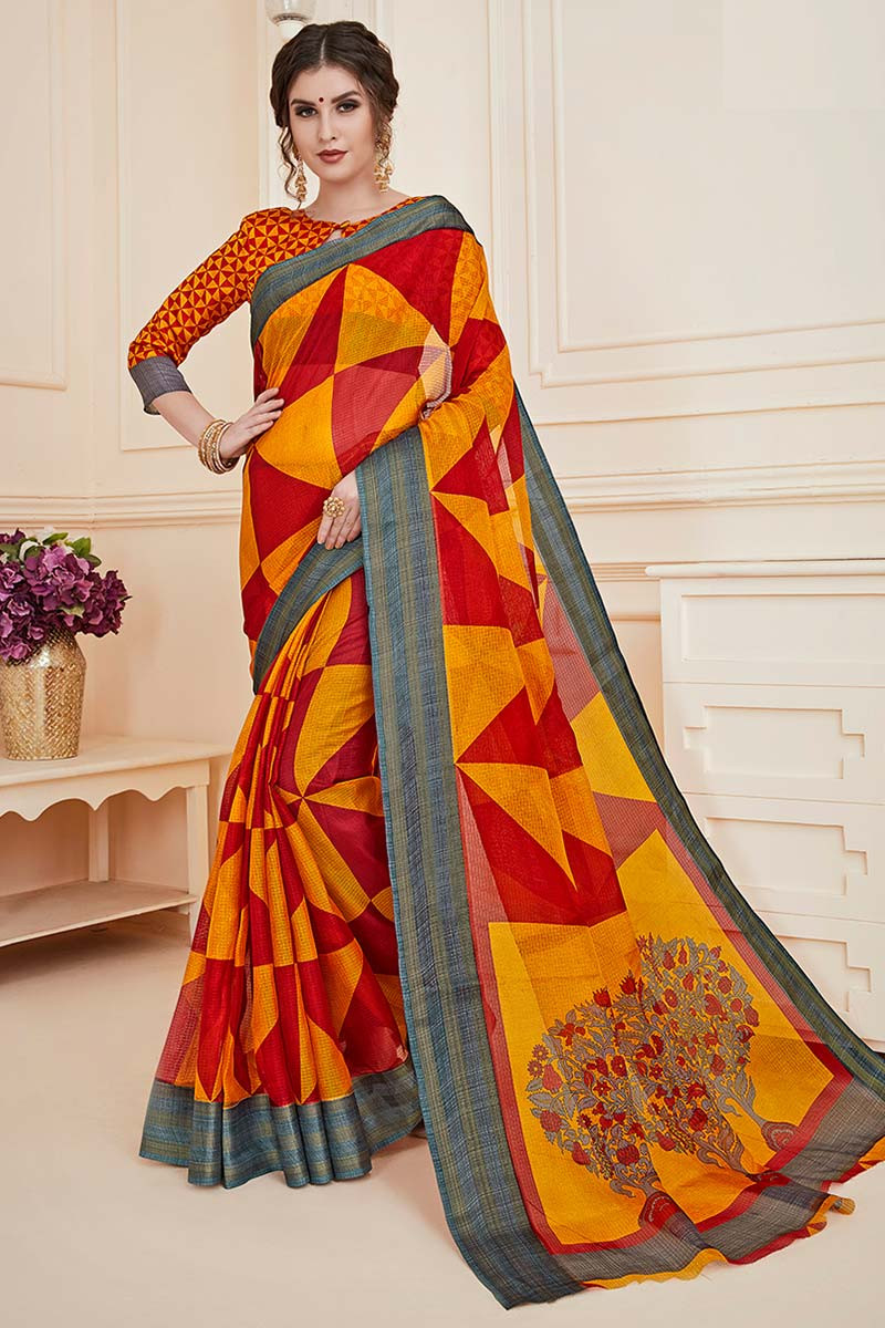 Yellow Red Premium Italian Silk Crepe Saree For Receptionist Uniform Sarees  at Rs 1300 | Uniform Saree in Bengaluru | ID: 22728387512