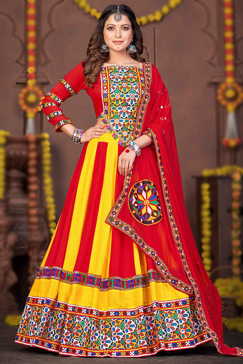 Red With Yellow Color Embroidery Work Silk Lehenga Choli