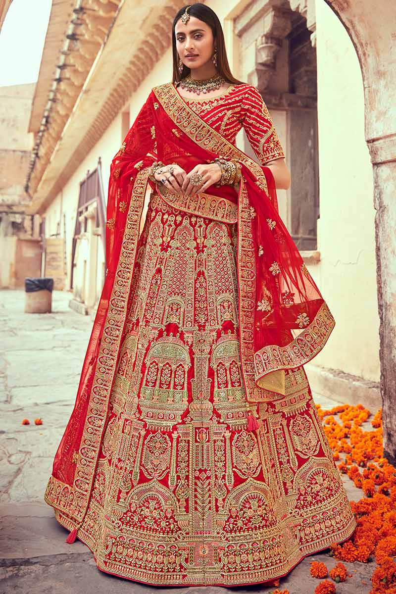 Bollywood Red Lehenga Blouse with Embroidered Fabric LLCV110364