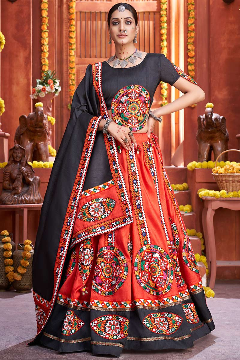 Red Art Silk Embroidered Lehenga