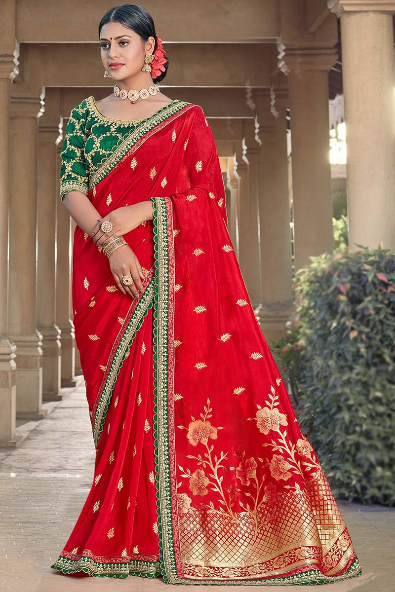 New designer red color karwa Chauth special saree look