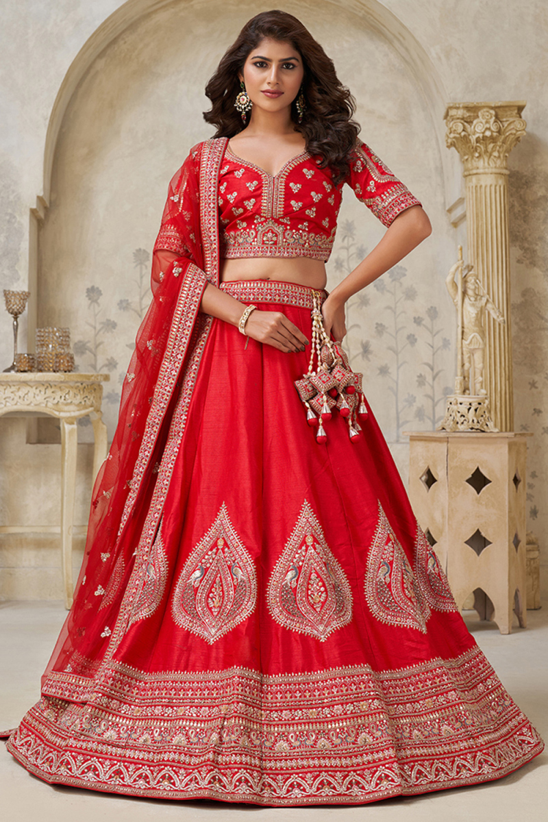 Red Art Silk Resham Thread Embroidered A Line Lehenga