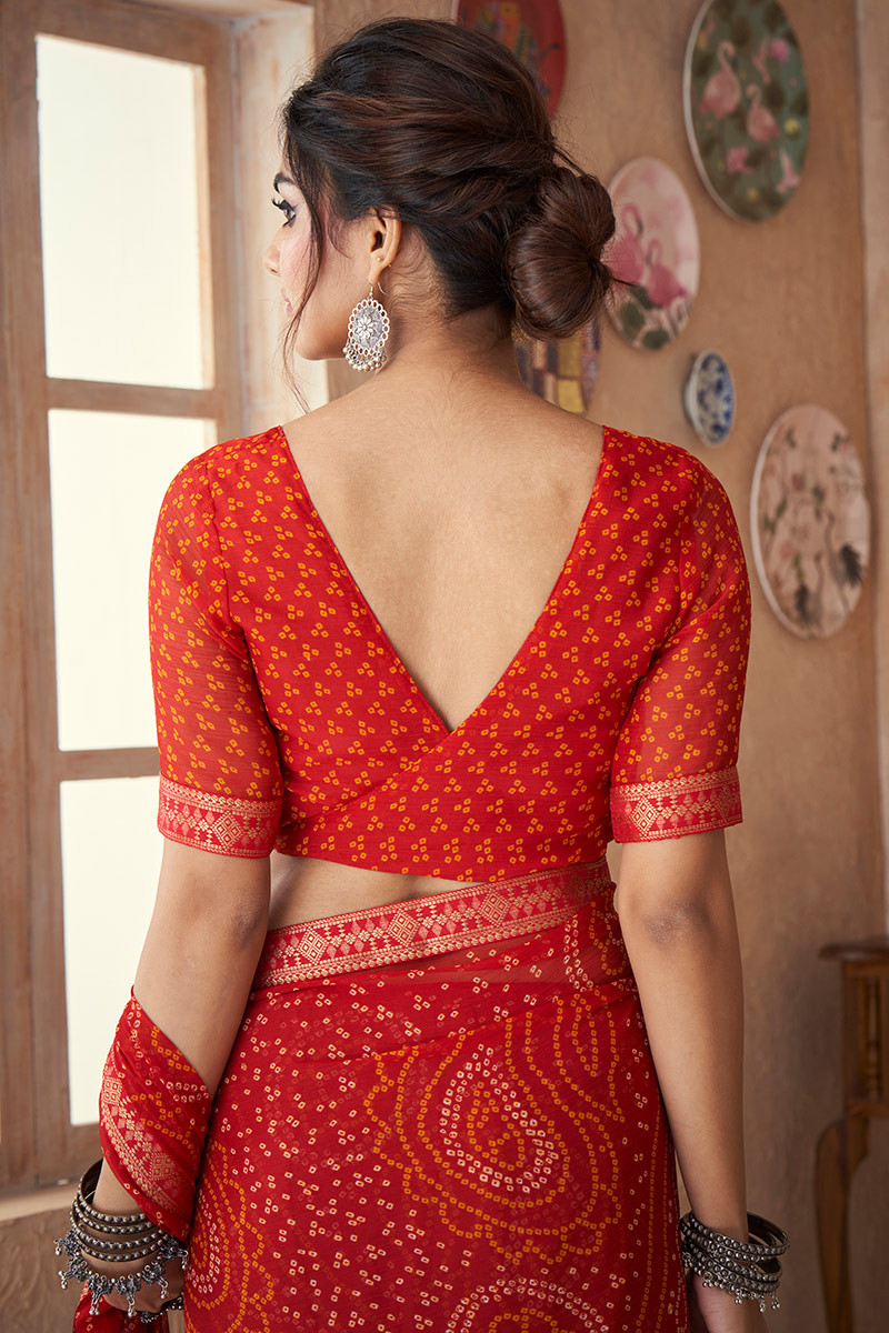 Jaanvi fashion Women's Red Chiffon Bandhani Printed Saree with - Import It  All