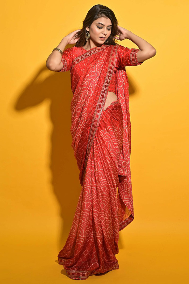 Online Shopping Red Ombre Chiffon Bandhej Printed Saree SARV137262