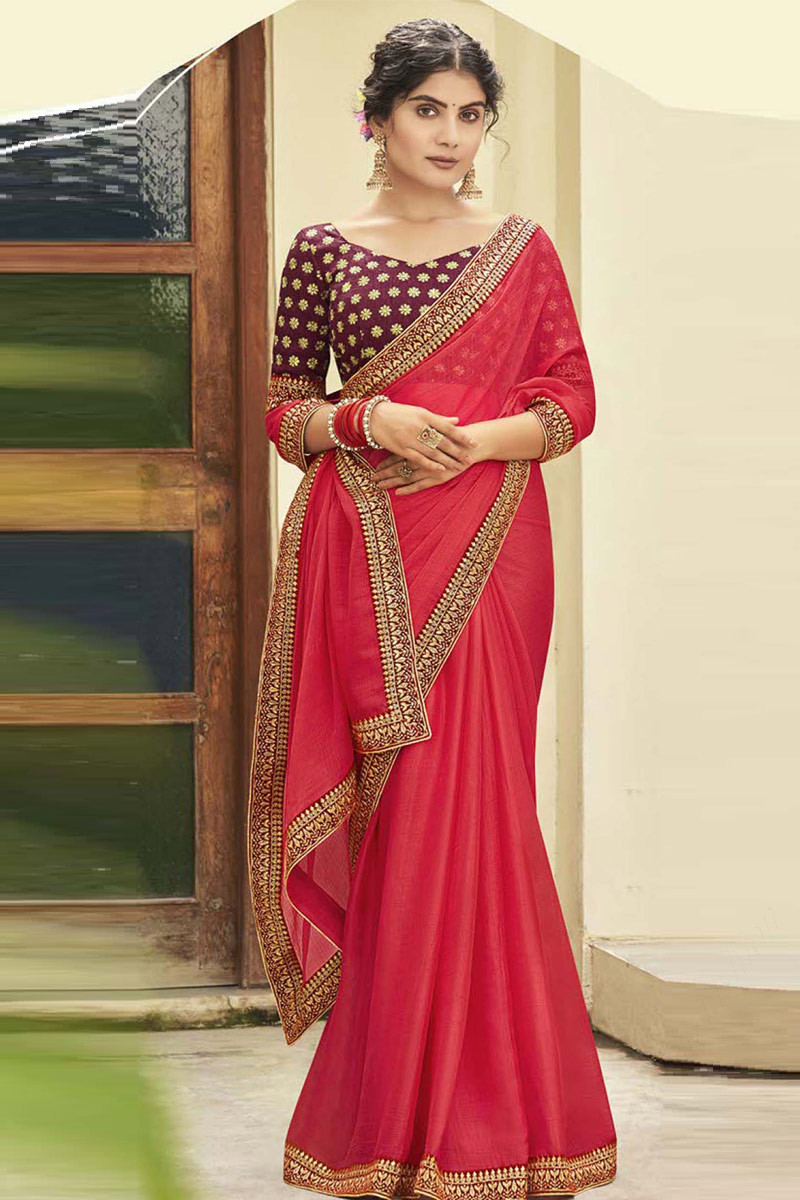 Buy V And V Shop Solid/Plain Bollywood Chiffon Red Sarees Online @ Best  Price In India | Flipkart.com