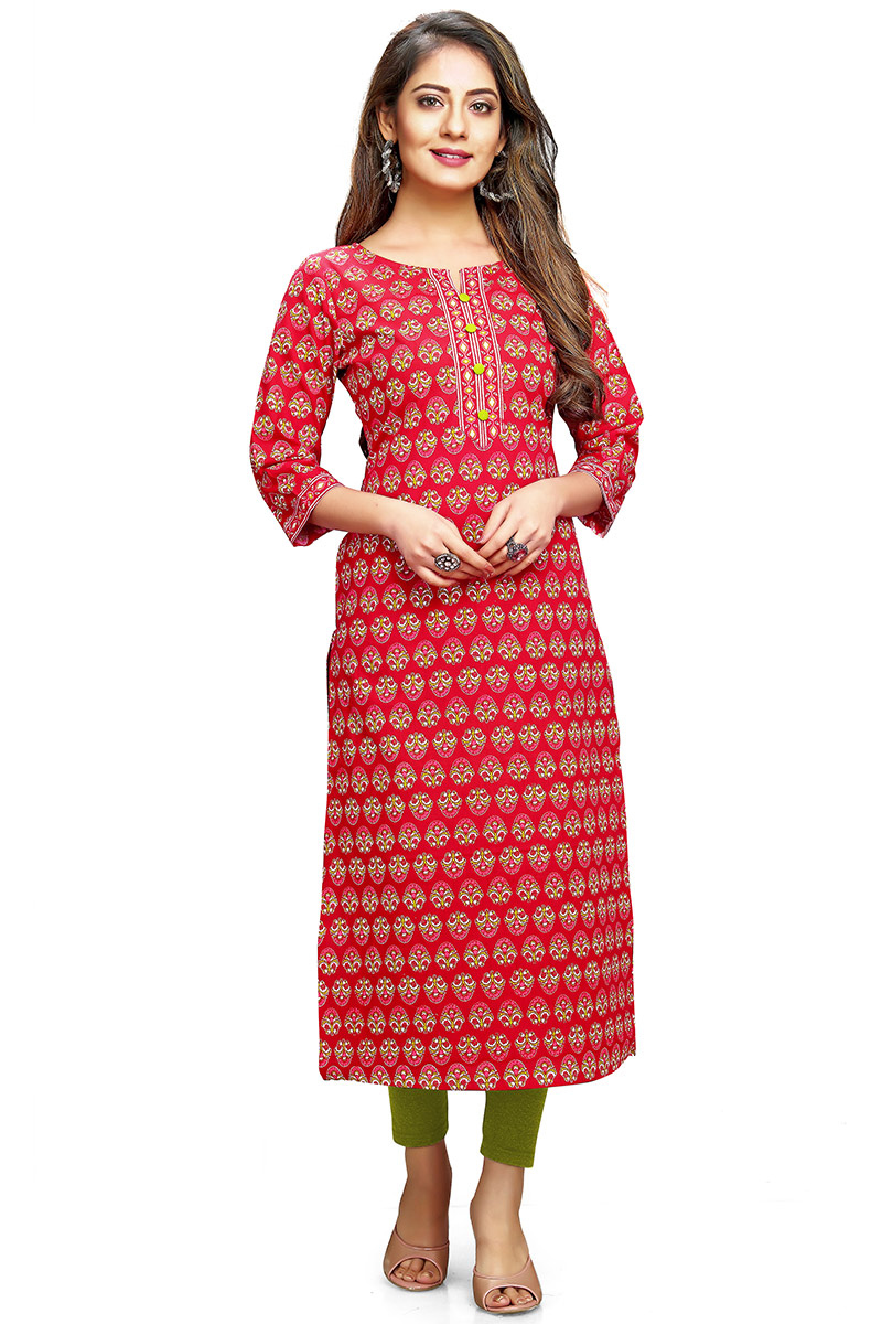 Red Cotton Straight Cut Kurti
