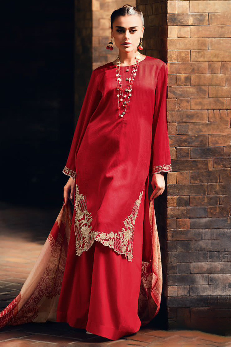 Red Embroidered Muslin Silk Trouser Suit For Sangeet LSTV124432