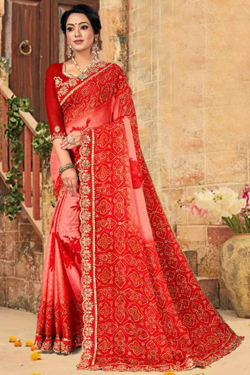 Red Georgette Indian Saree With Printed Work