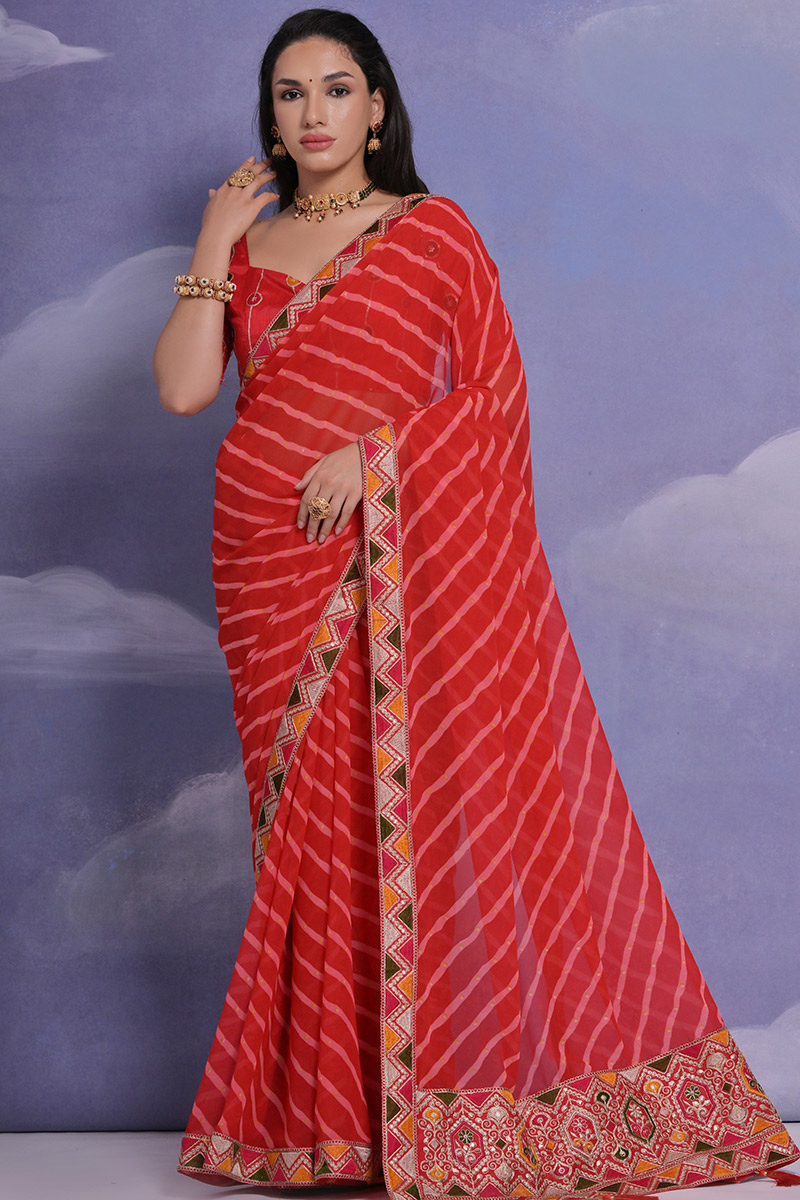 Red Georgette Printed Leheriya Saree