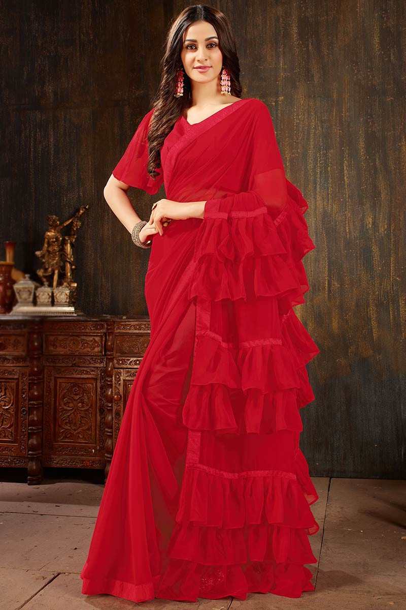 Red Layered Ruffle Sari Set | Bhumika Sharma – KYNAH