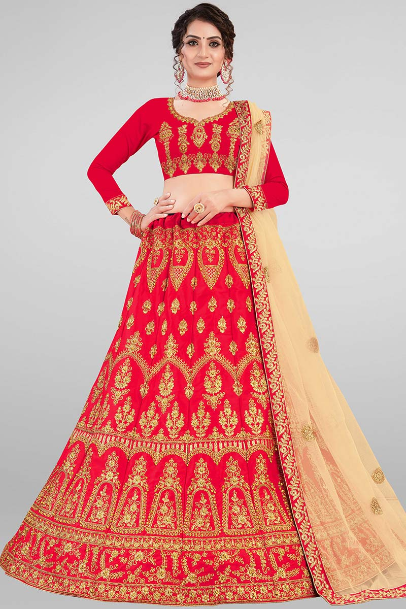 Red Lehenga In Satin Fabric With Resham Work