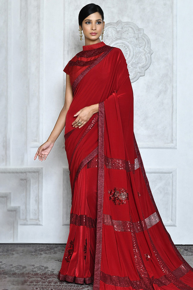 Red Lycra Fancy Sequins Embroidered Party Wear Saree