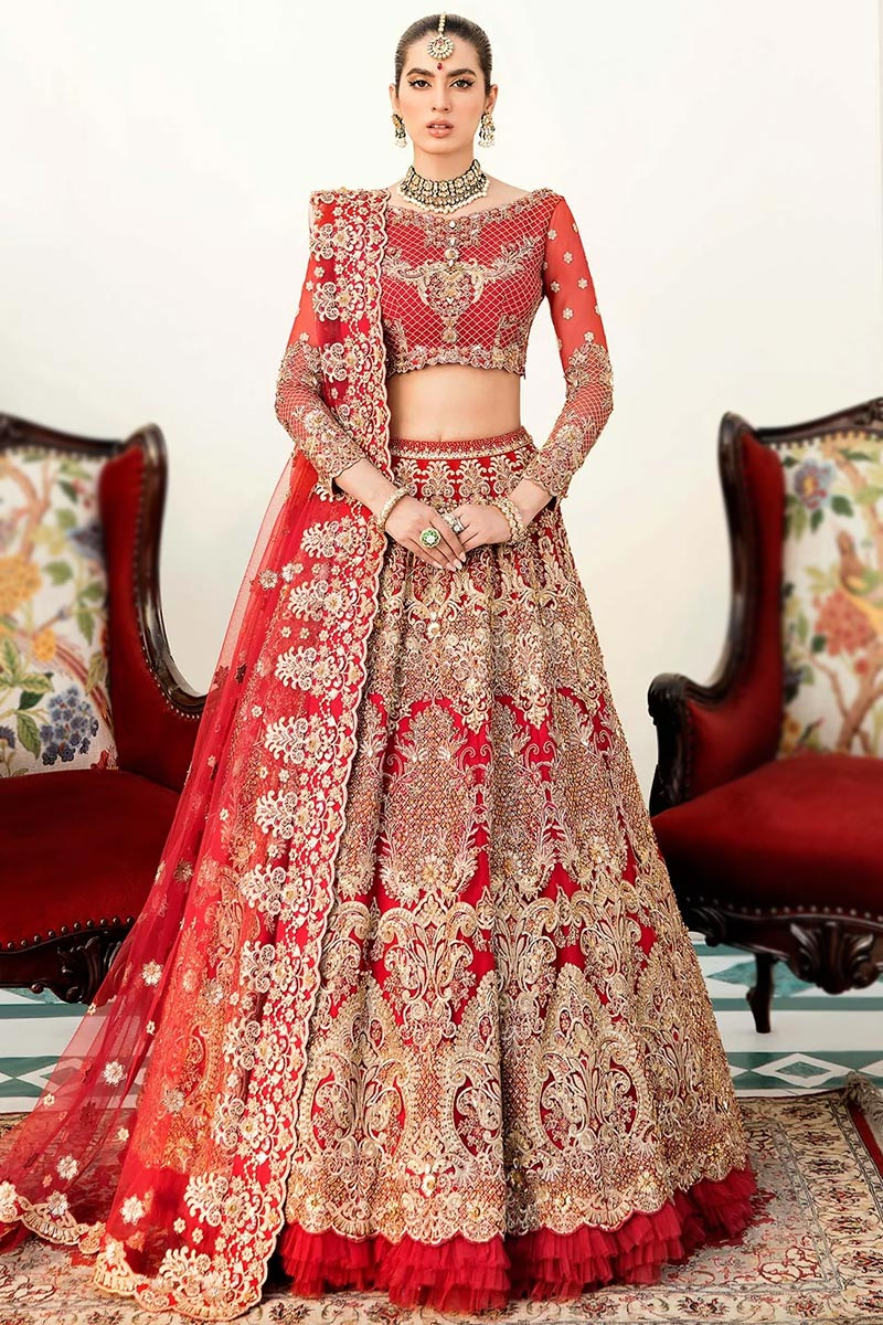 Net Lehenga with Zari Embroidery in Red for Party 