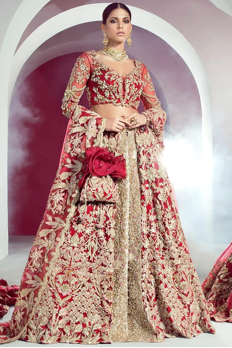 Red And Beige Unstitched Lehenga Set Fabric (3 Piece)
