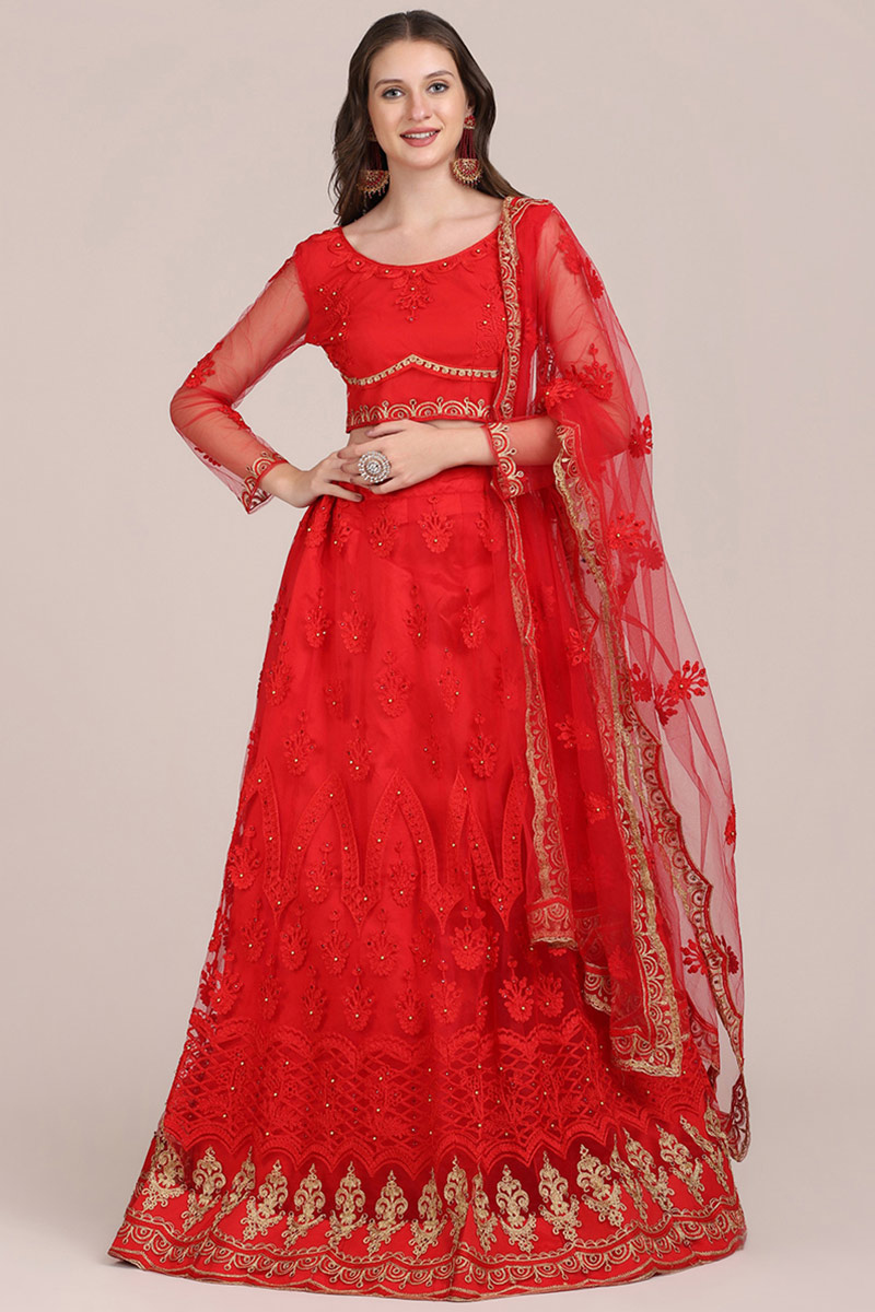 Lehenga in Red Net for Sangeet with Zari embroidery