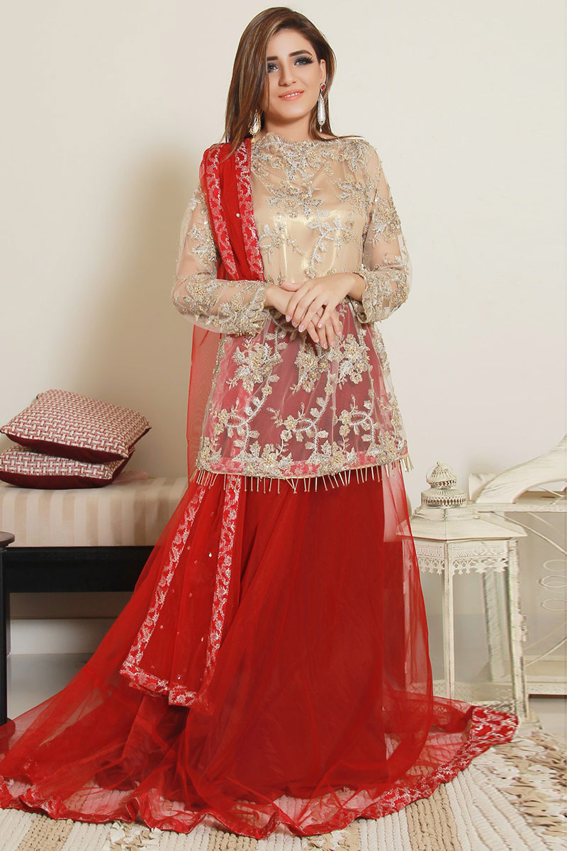 Red Choli Golden Lehenga Pakistani Wedding Dresses – Nameera by Farooq
