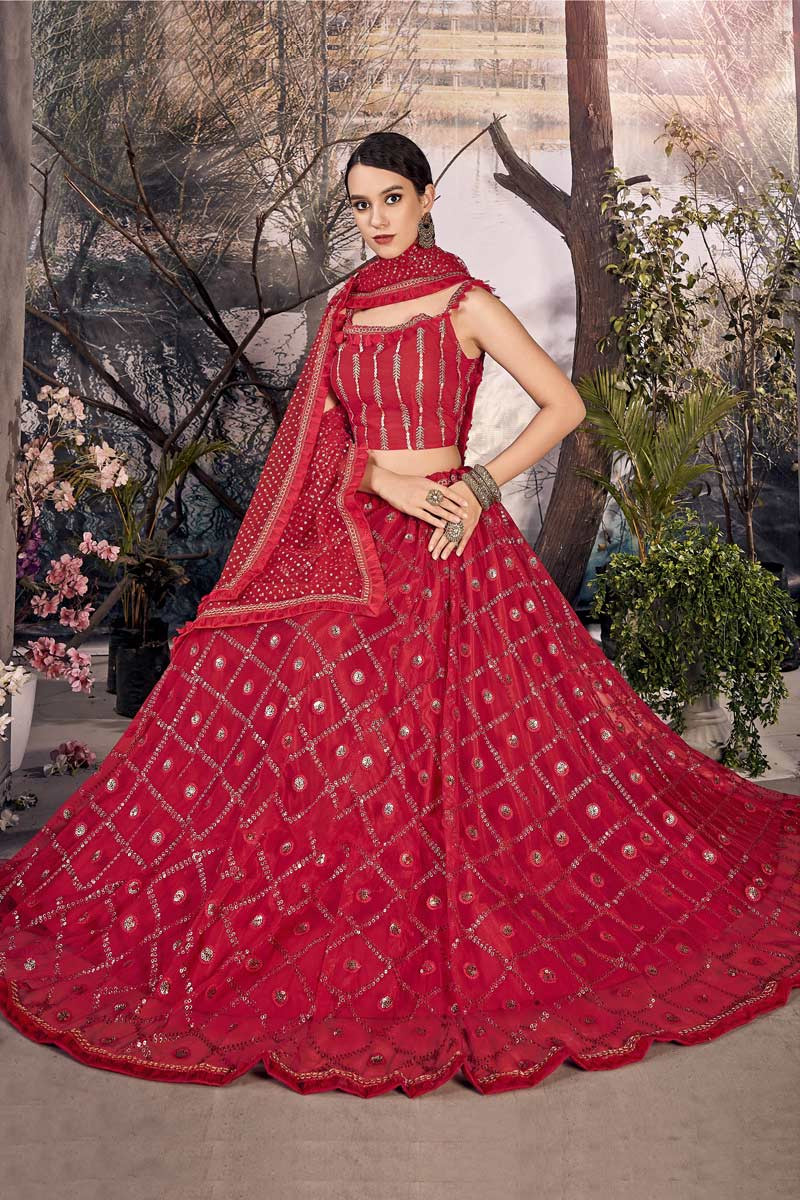 Designer Exclusive Red Net Heavy Embroidered Women Party Wear Lehenga Choli  - CRAZYCLOTHS