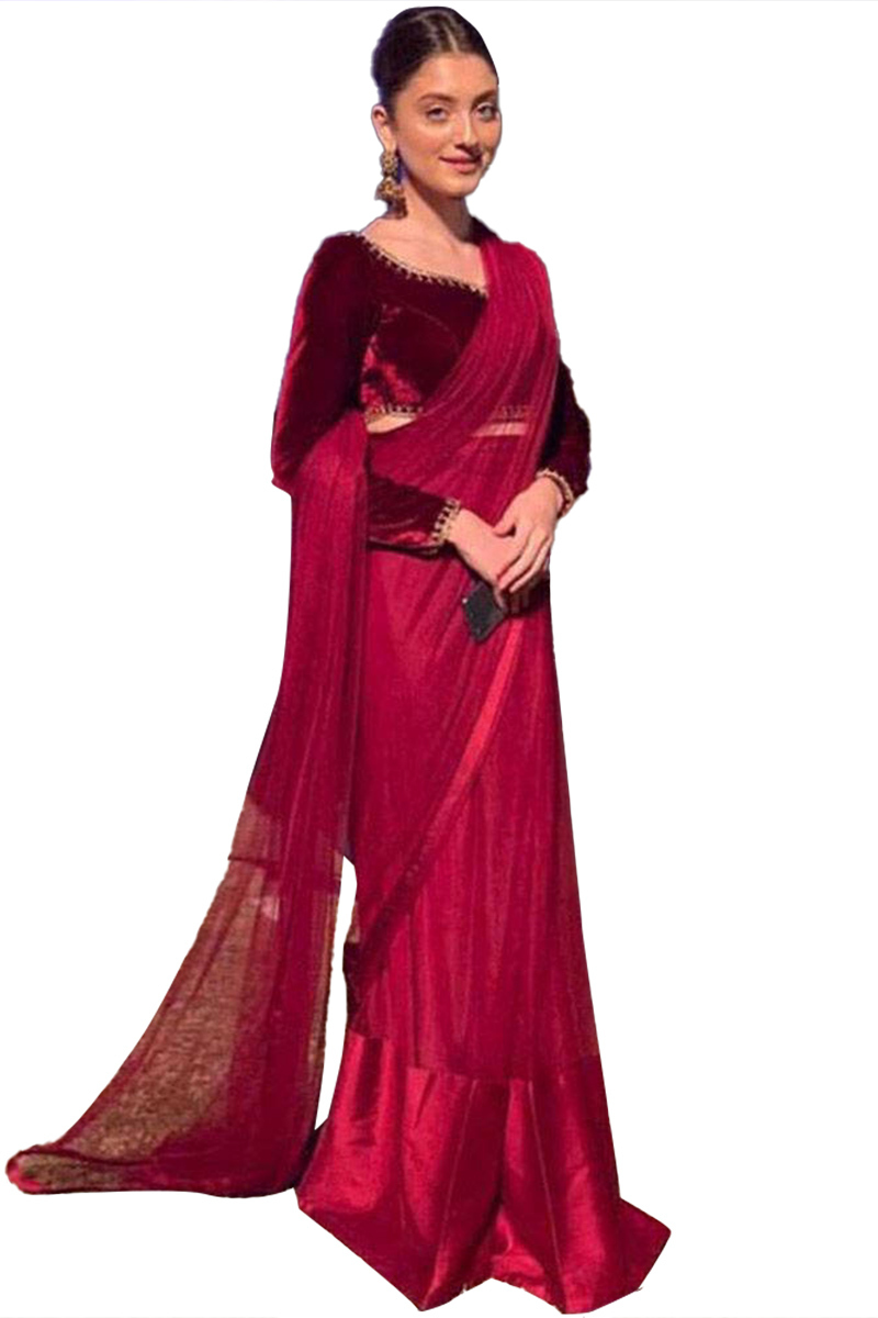 Red Net Plain Party Wear Saree