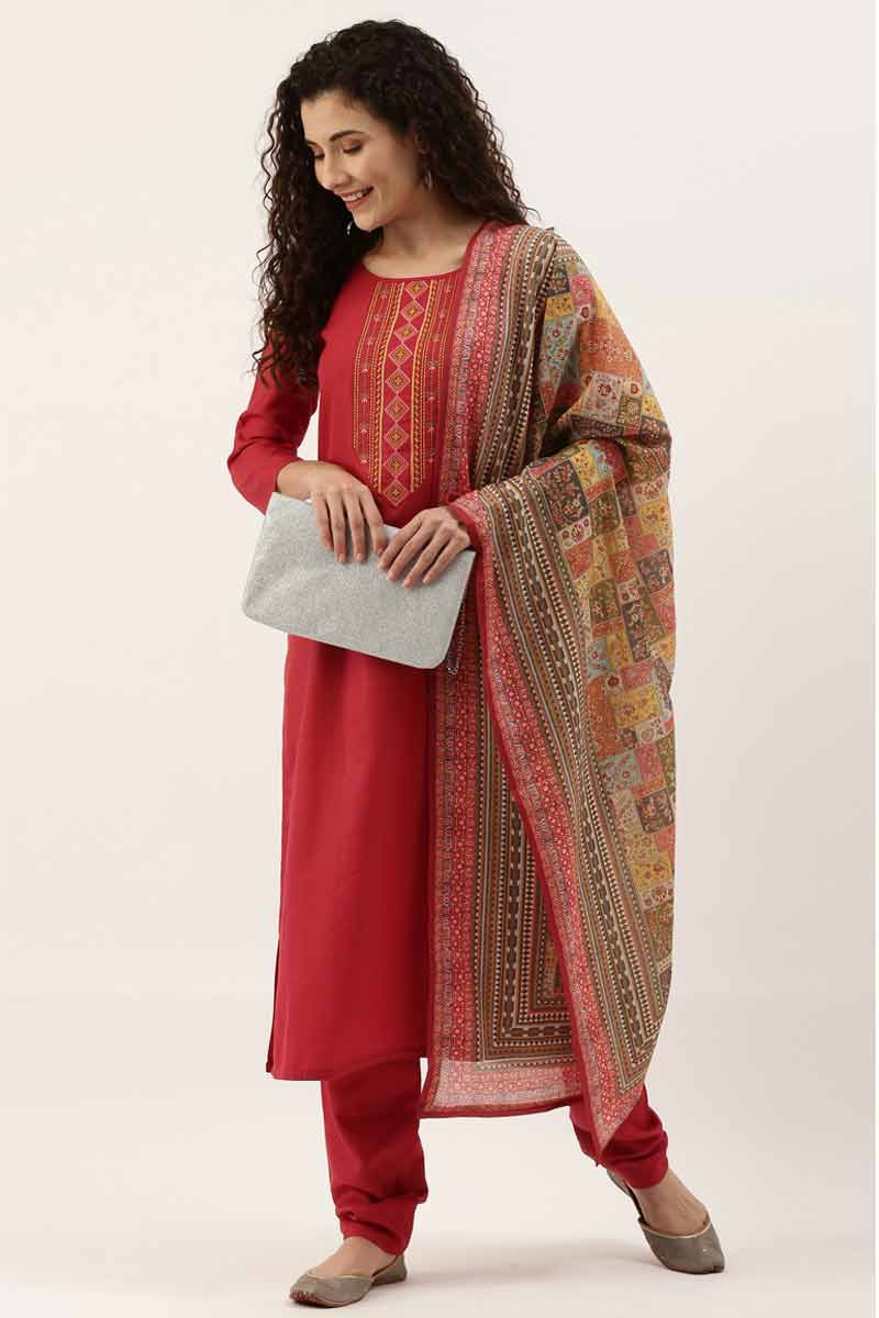 Eid Collection Thread Work Embroidered Red Churidar Suit LSTV112737