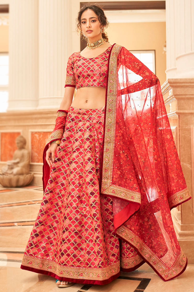 Red Printed Art Silk Lehenga Choli With Embroidered 