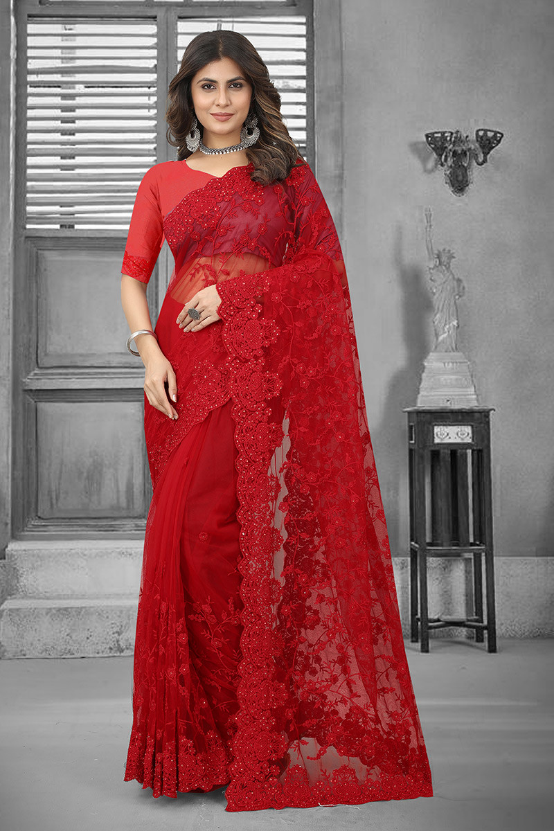 Red Resham Thread Embroidered Saree in Net SARV159657