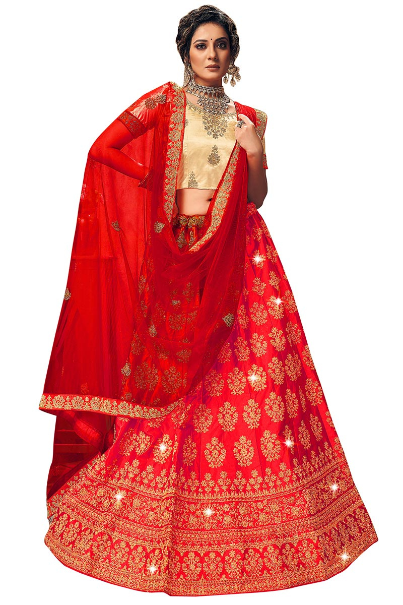 Red Satin A Line Embroidered Lehenga