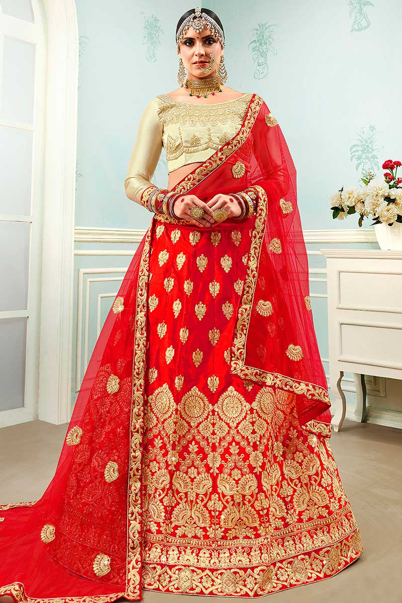 Red Party Wear Stone Embroidered Lehenga in Satin
