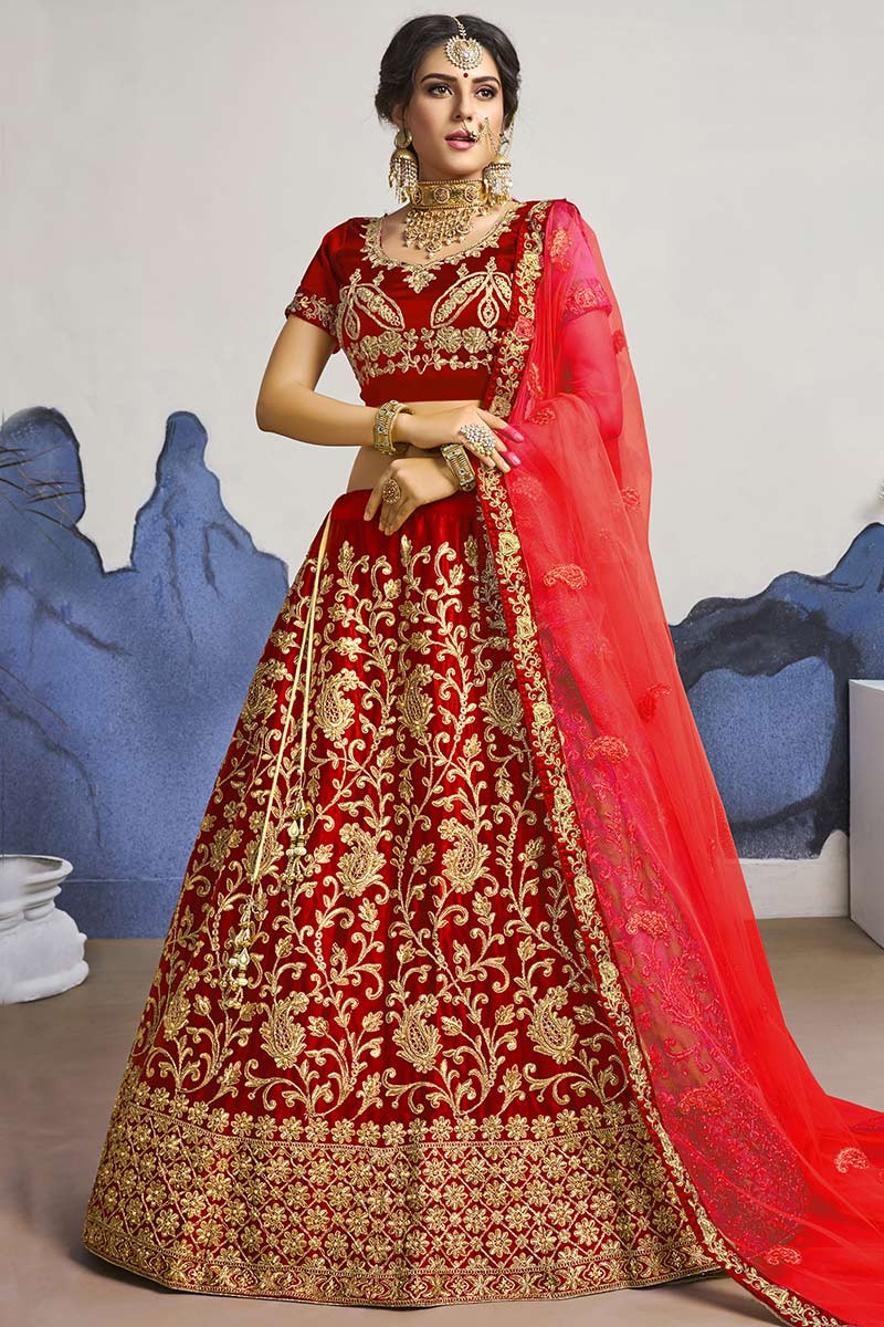 Patterned Red Bridal Lehenga Blouse with Pearl And Zari Work