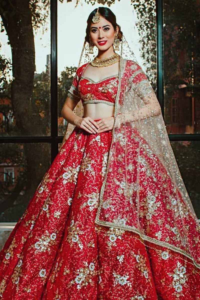 Party Wear Sequins Embroidered Red Lehenga in Silk