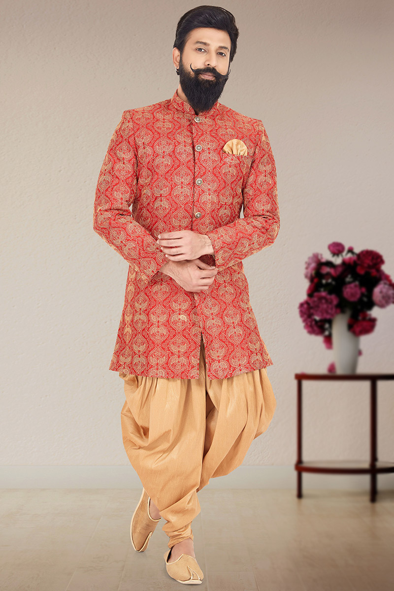 Red Silk Thread Embroidered Sherwani With Dhoti