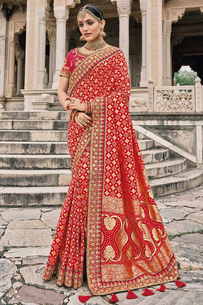 Heavy embroidered red wedding saree at Rs.8000/Piece in chennai offer by  Blue Waves