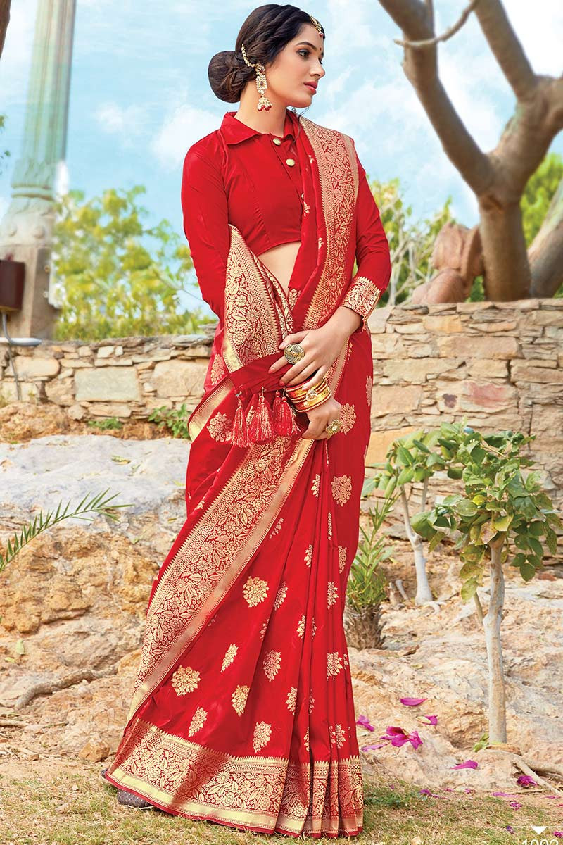Red Silk Indian Wedding Saree With Silk Blouse