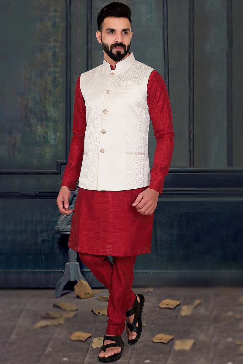 Red kurta white 2025 pajama with jacket