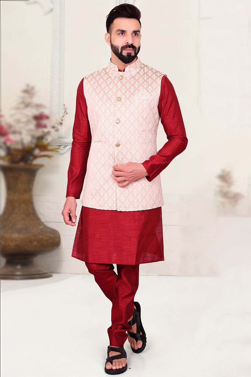 Indian designer wedding wear mens kurta pajama with nehru jacket for mens.