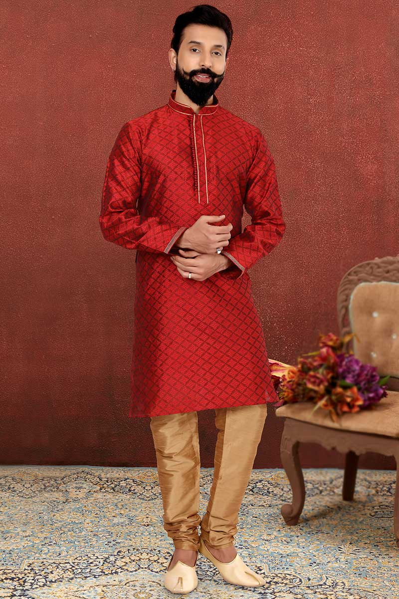 Simple Men Kurta Churidar in Red Woven Fabric MKPA01282