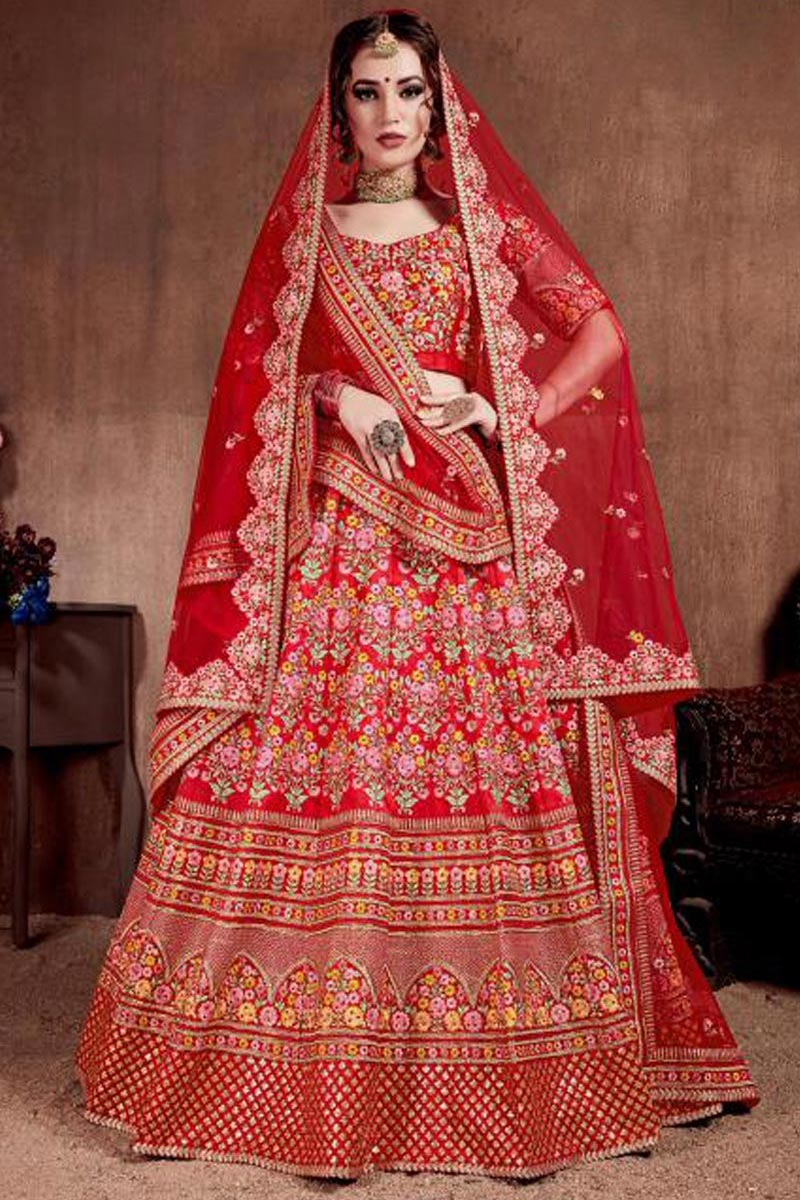 Red Soft Silk Embroidered Lehenga
