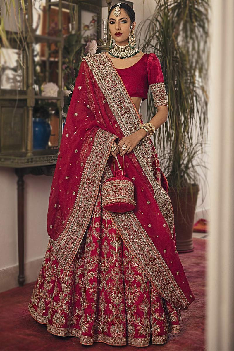 Red Taffeta Silk Embroidered Bridal Lehenga