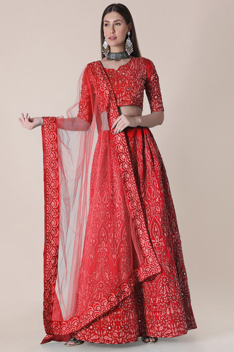 Taffeta Silk Lehenga in Red colour with Pearl Work for Wedding 