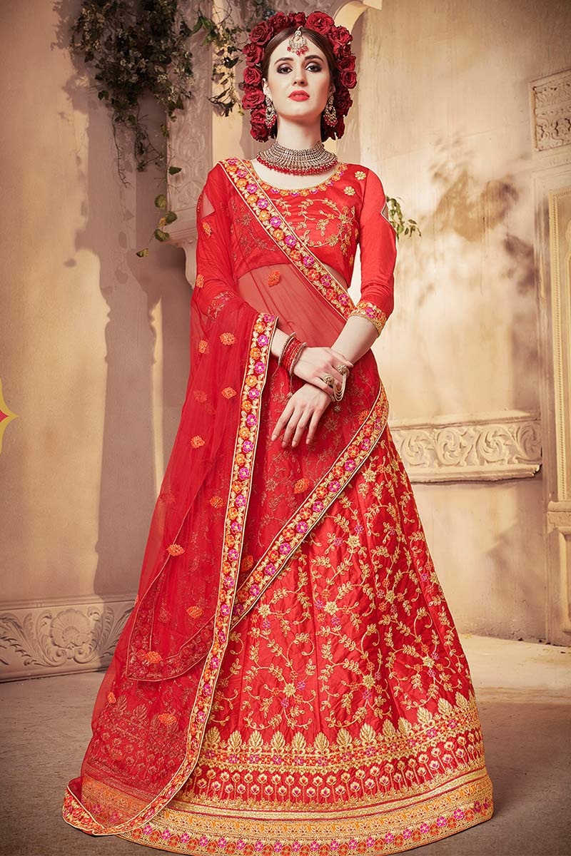 Red Thread Embroidered Silk Wedding Wear Lehenga