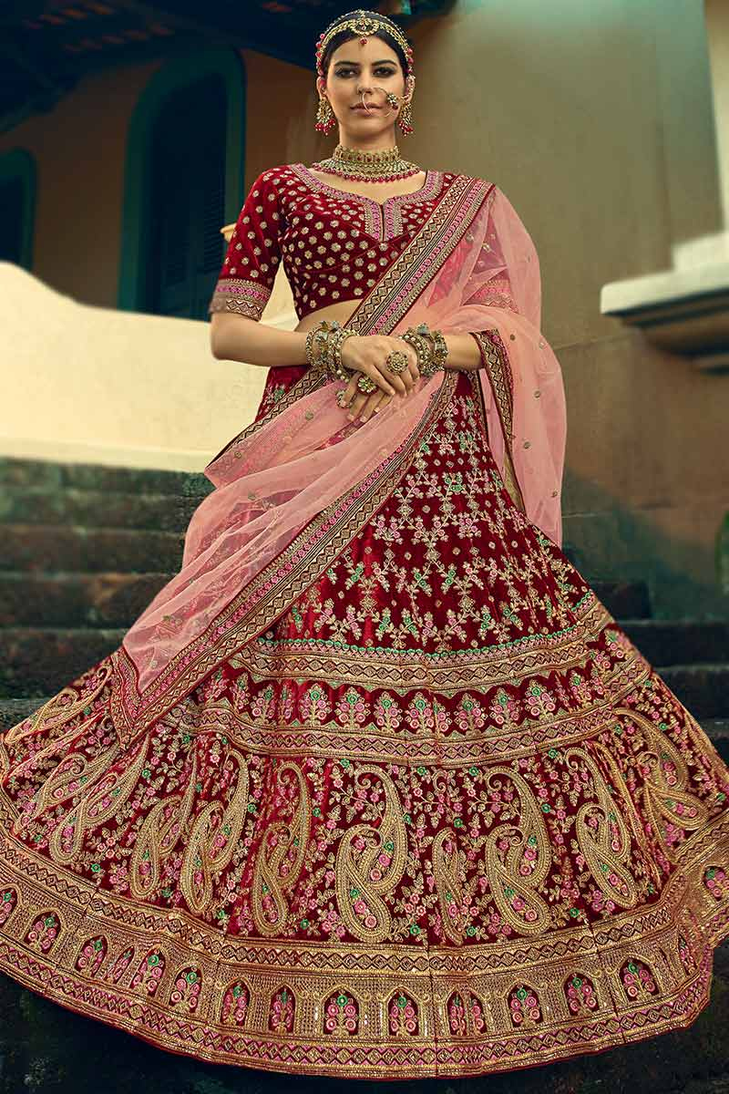 Red Velvet Embroidered Bridal Wear Lehenga blouse
