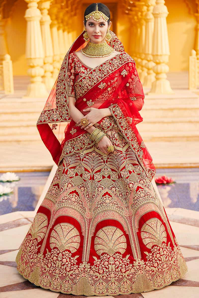 red velvet embroidered indian bridal lehenga llcv09662 1
