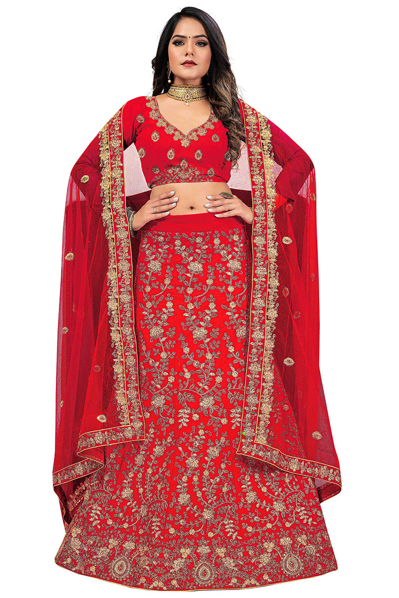 Lehenga in Red Velvet for Wedding Wear with Dori embroidery