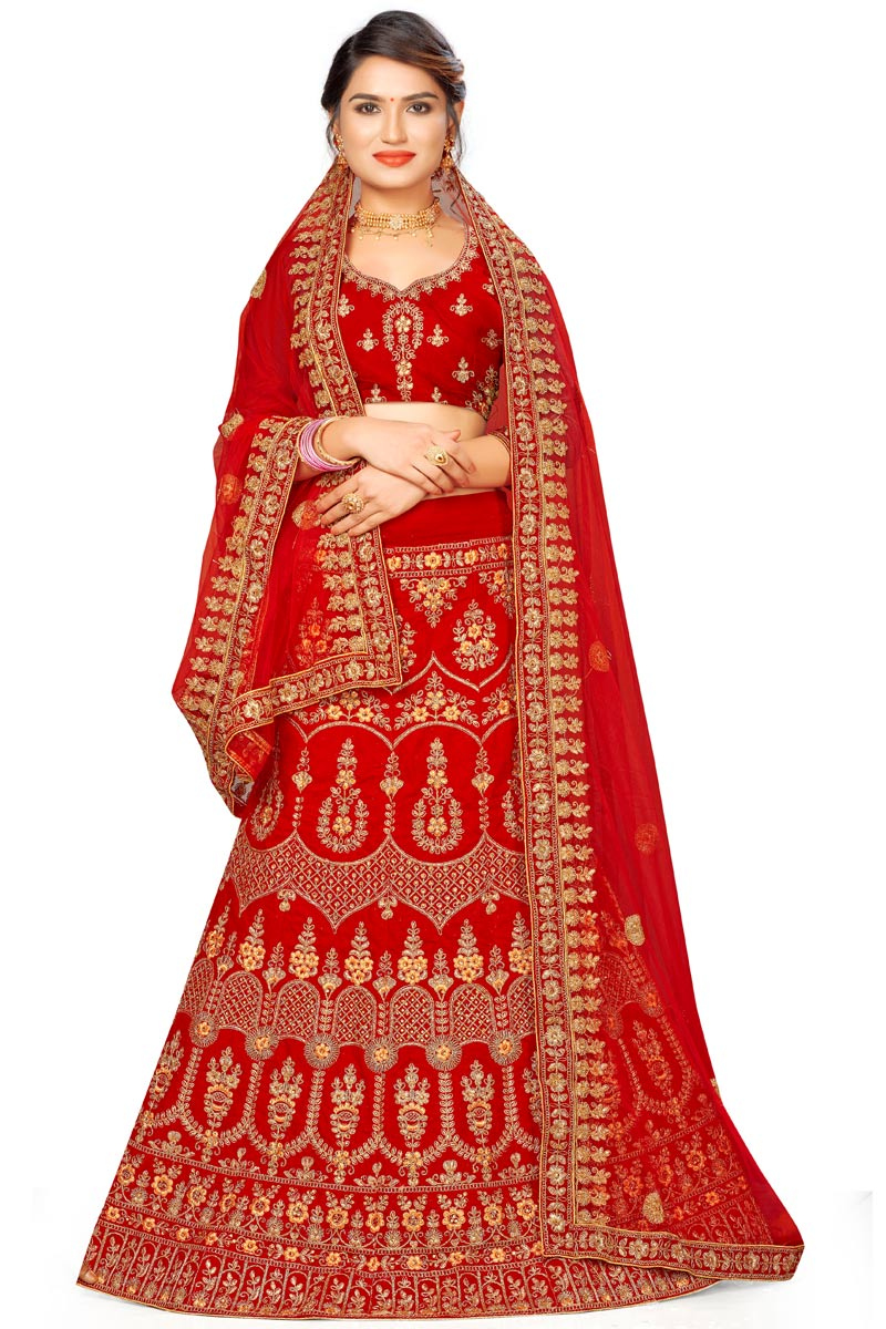 Red Velvet Embroidered Lehenga With Zari Work