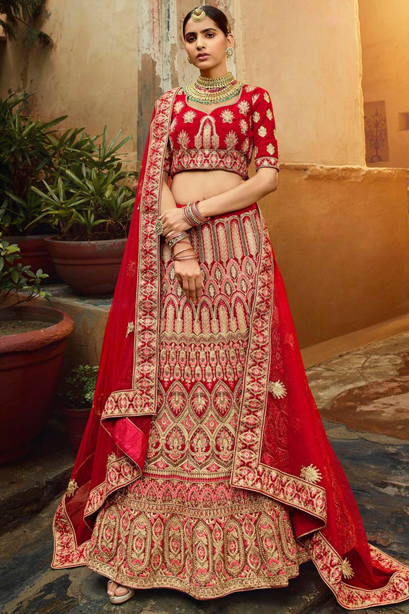 Buy Red Velvet Indian Bridal Wear Lehenga Choli Online LLCV01903