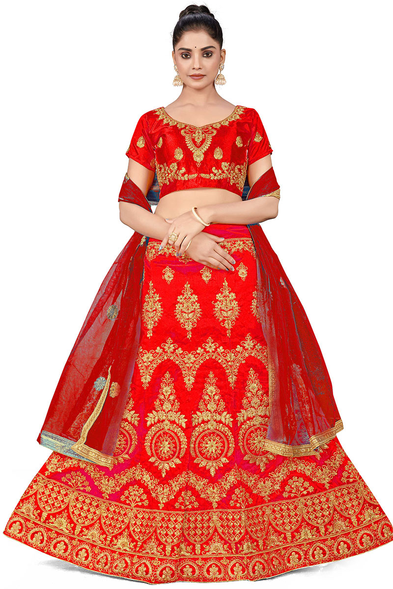 Red Zari Embroidered Silk Lehenga For Sangeet 