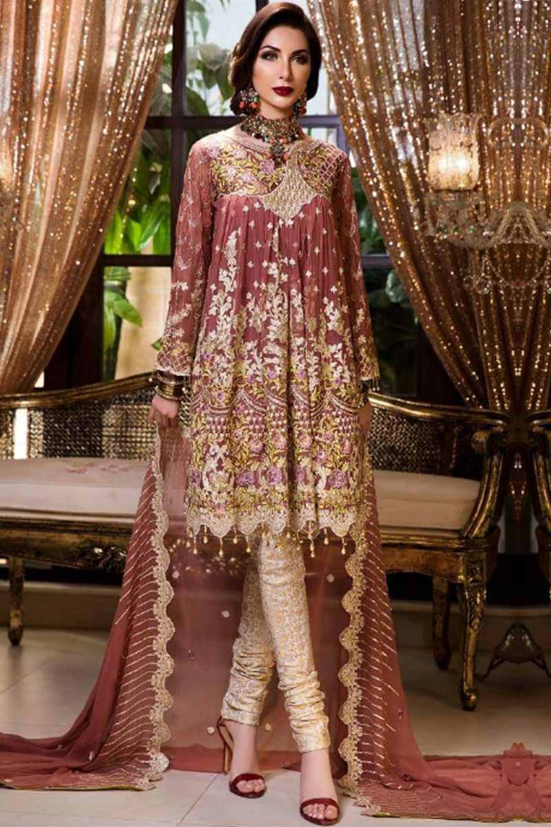 Resham Embroidered Chiffon Old Rose Churidar Suit